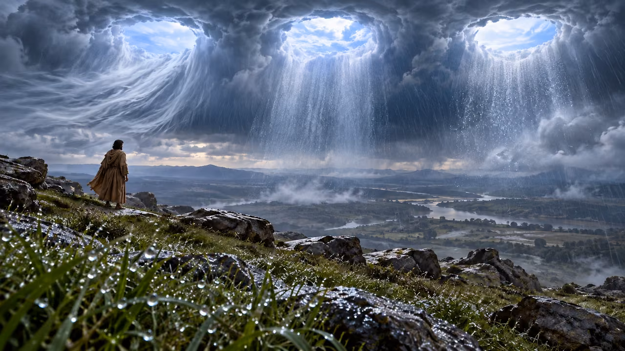 Brown-robed Enoch watches three open cloud portals above rain, wind-bent grass and foreground dew.