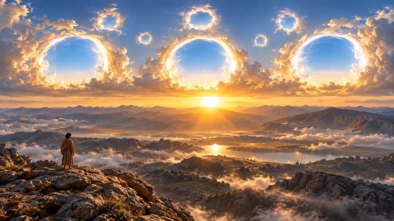 A small brown-robed observer faces three large cloud portals with smaller openings above at dawn.