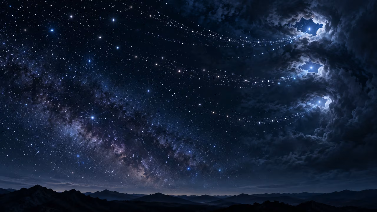 Point stars and delicate curved trails extend from three small cloud openings across an empty night sky.
