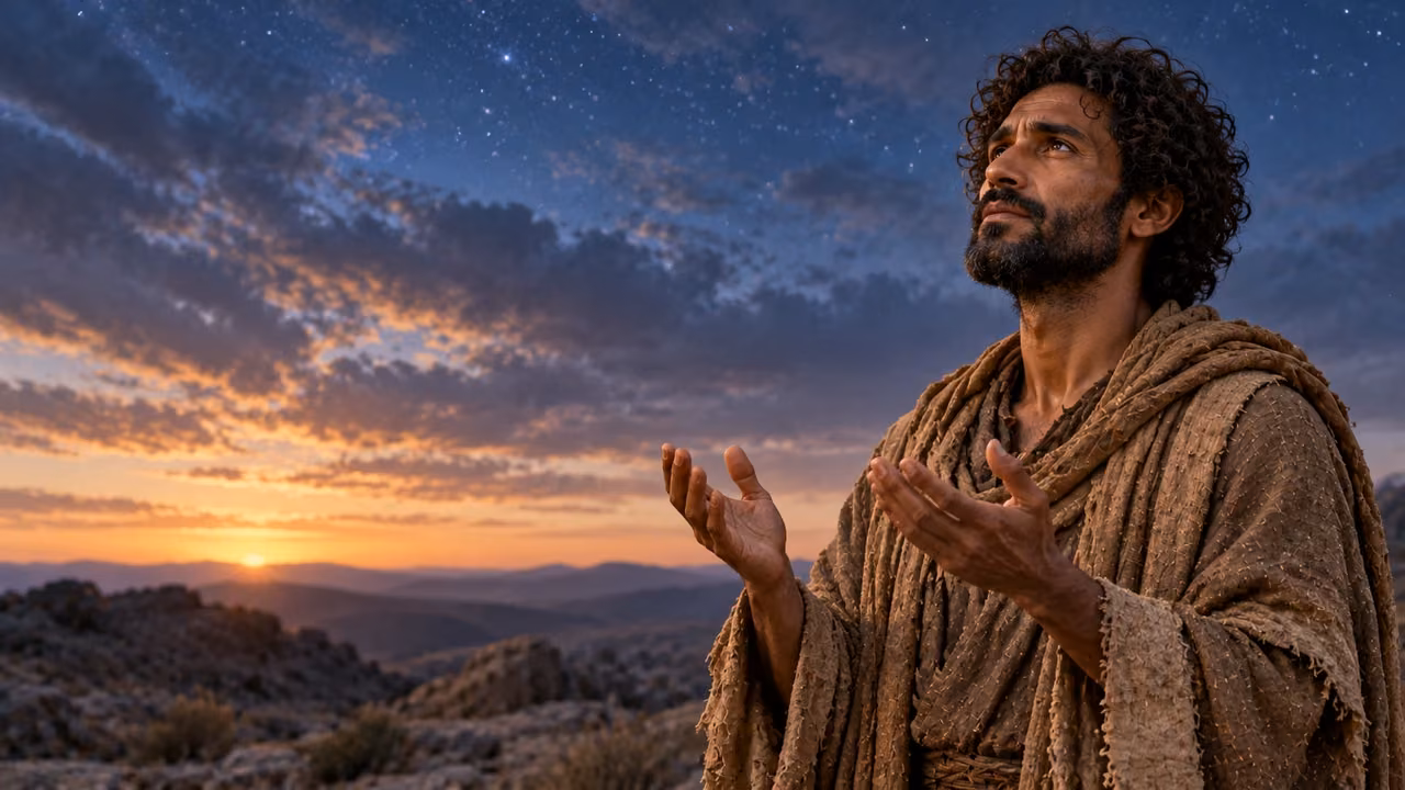 Dark-curly-haired Enoch opens his hands in prayer beside a softly blurred rocky horizon and natural sky.