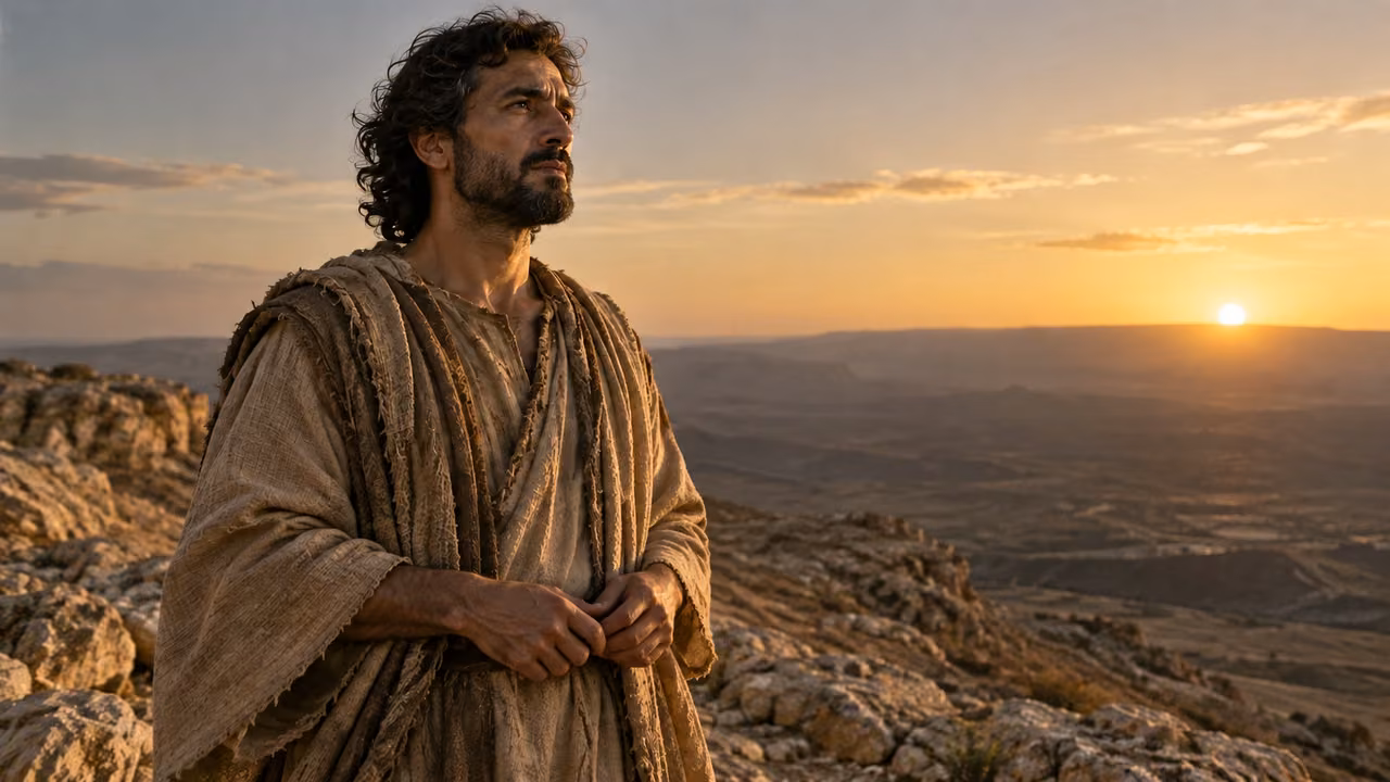 Dark-curly-haired Enoch looks across a rocky dawn horizon with empty hands relaxed at his waist.