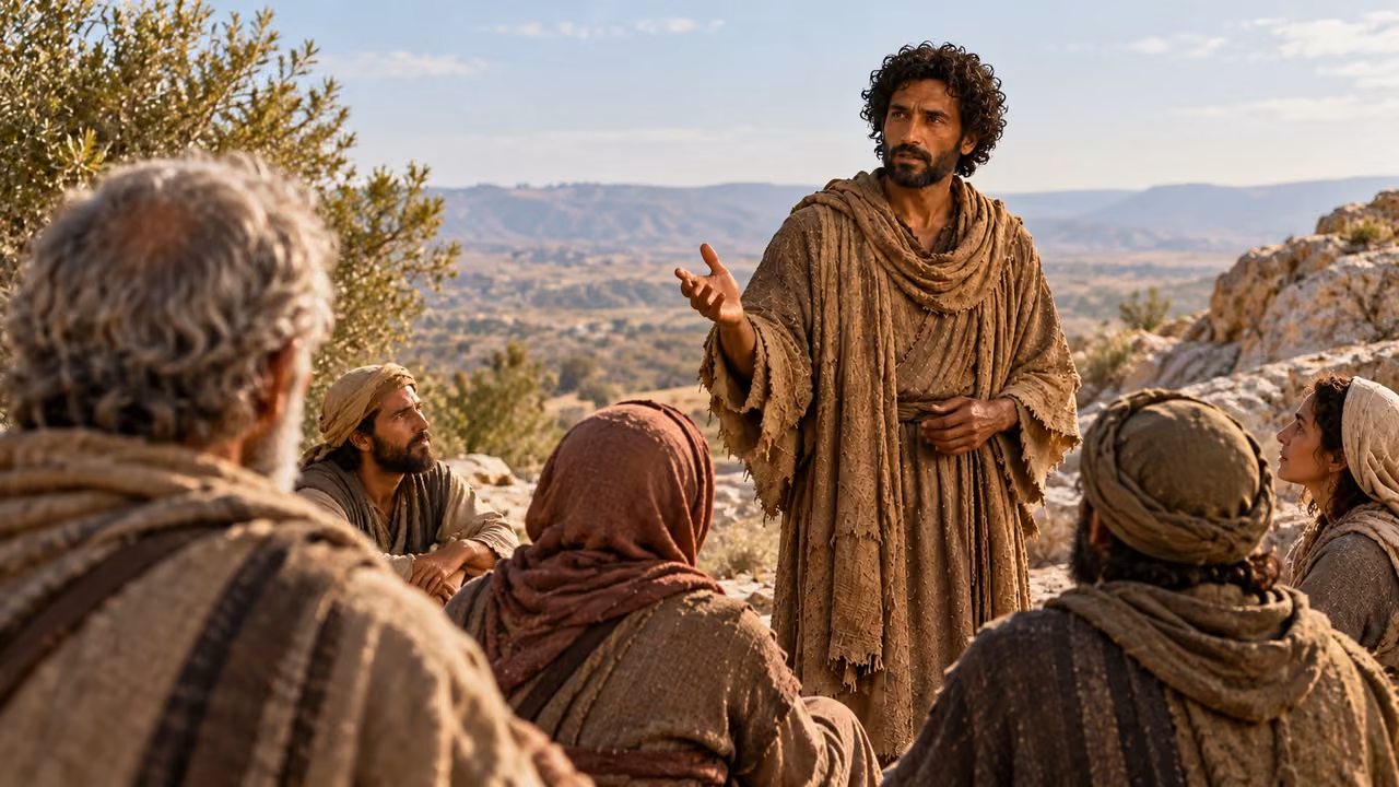 Brown-robed Enoch speaks to anonymous adult listeners on dry stone, seen over an older listener’s shoulder.