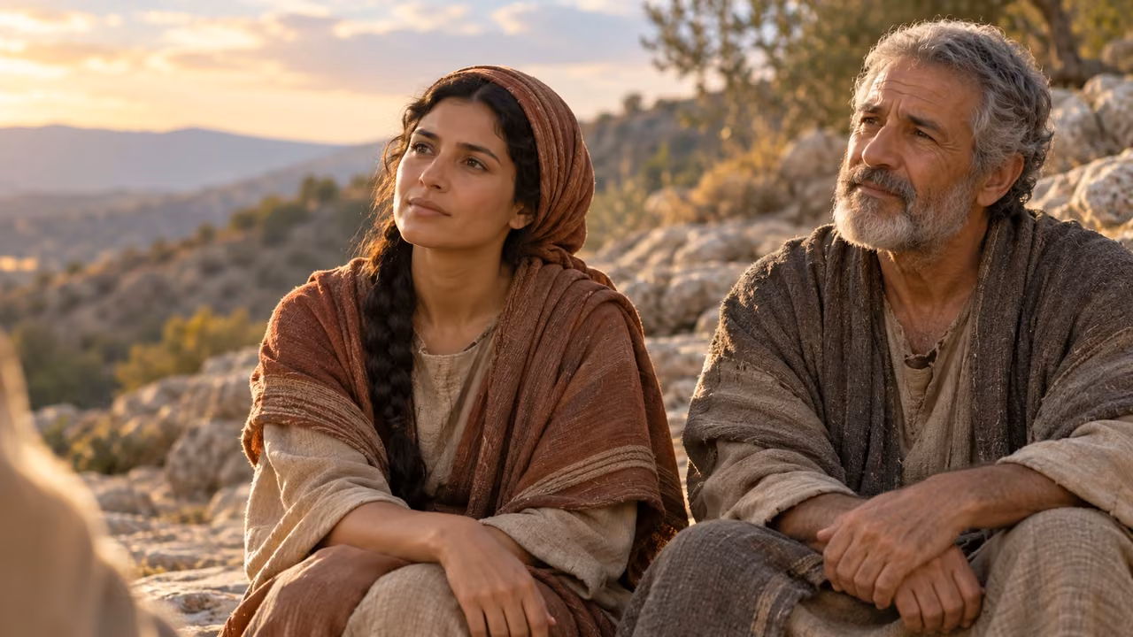 Two anonymous adult listeners of different ages sit attentively on natural stony ground.