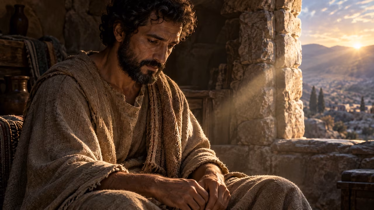 Dark-curly-haired Enoch reflects quietly inside a rough stone shelter, with empty hands in his lap.
