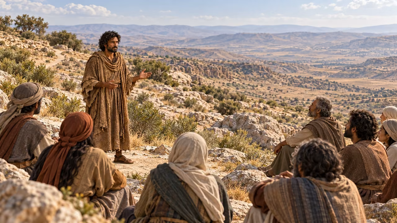 A full-body brown-robed speaker addresses scattered anonymous adults on a wide dry hillside.