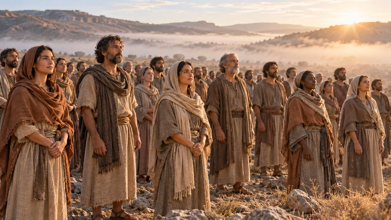 Anonymous clothed adults stand together on dry stone in ordinary morning light.