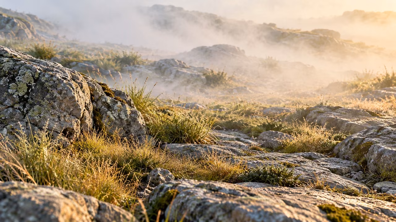 Thinning low mist exposes ordinary dry rock and sparse grass, without any hidden object.