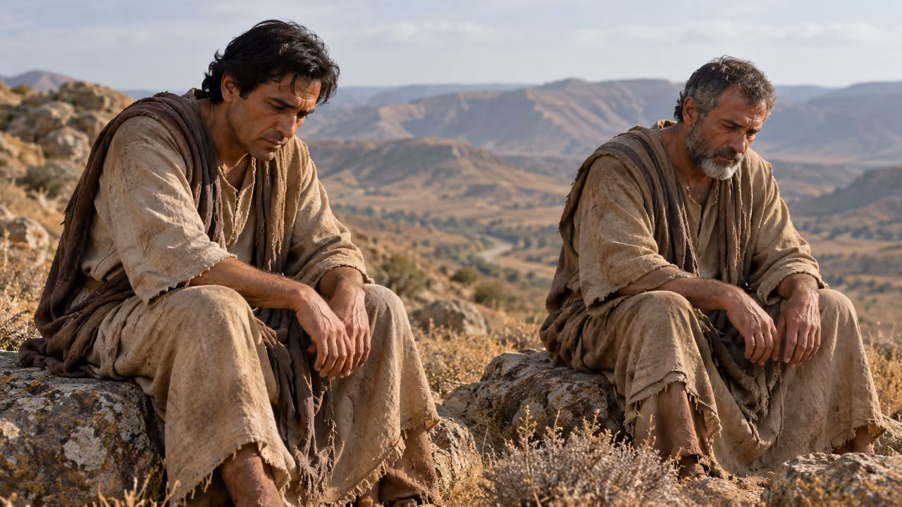 Two anonymous adults in dusty plain linen sit low on rocks with empty hands and lowered shoulders.