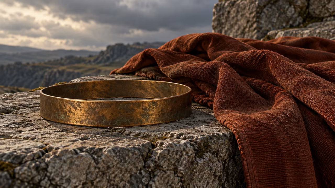 An uninscribed bronze circlet and unoccupied rust-colored mantle lie on ordinary weathered stone.