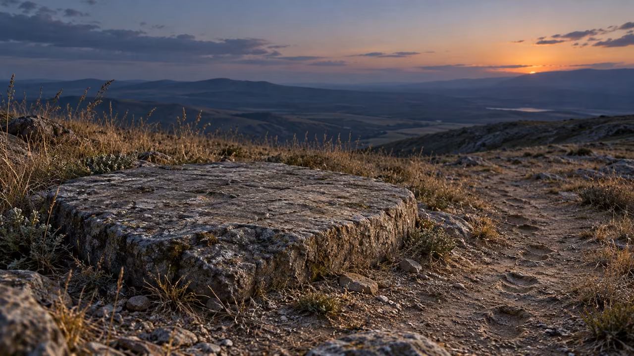 An unoccupied natural flat stone, faint old footprints and still grass overlook a dusk horizon.