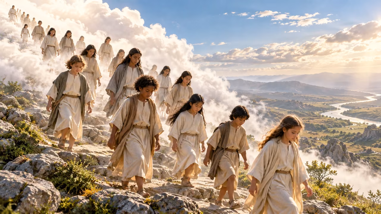 Young clothed figures descend from bright cloud onto an ordinary rocky path.