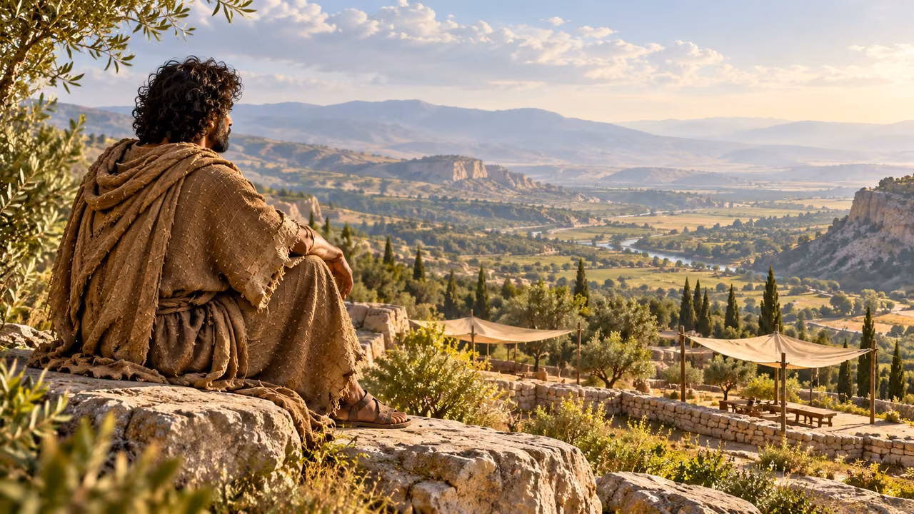 Seated Enoch looks across the terraces and distant landscape.