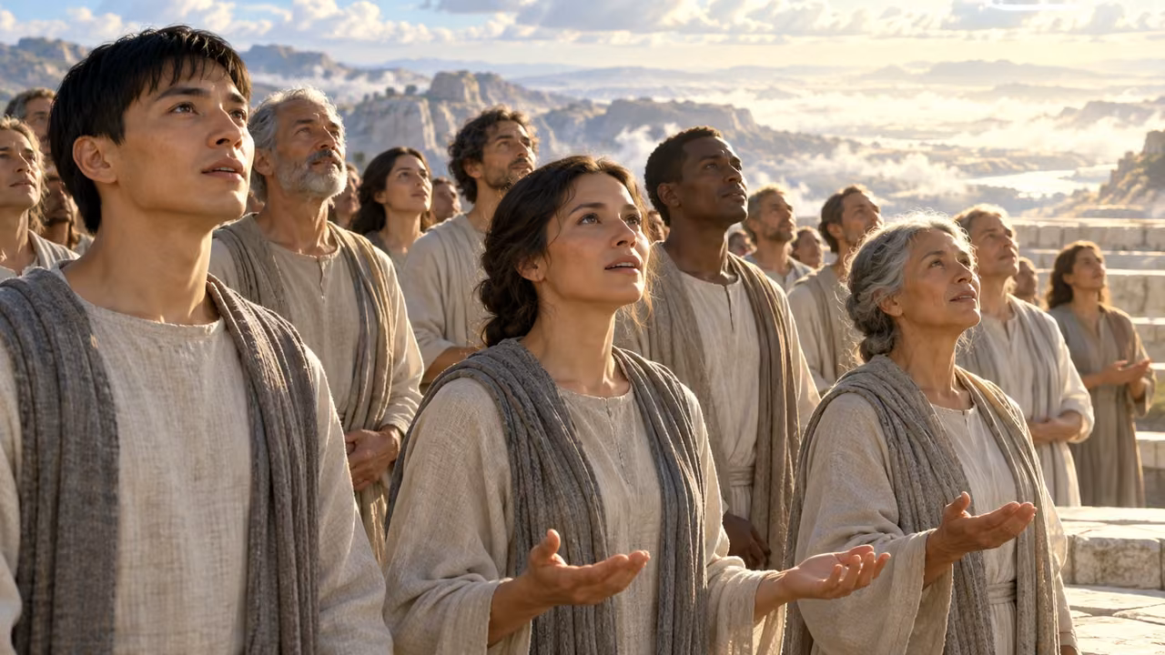 Standing clothed adult attendants gaze upward with open eyes and hands.