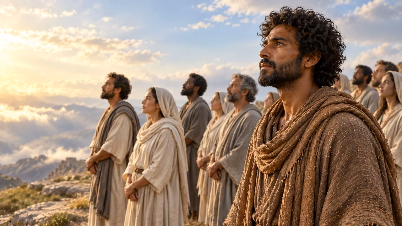 Enoch looks past a diagonal line of standing anonymous attendants.