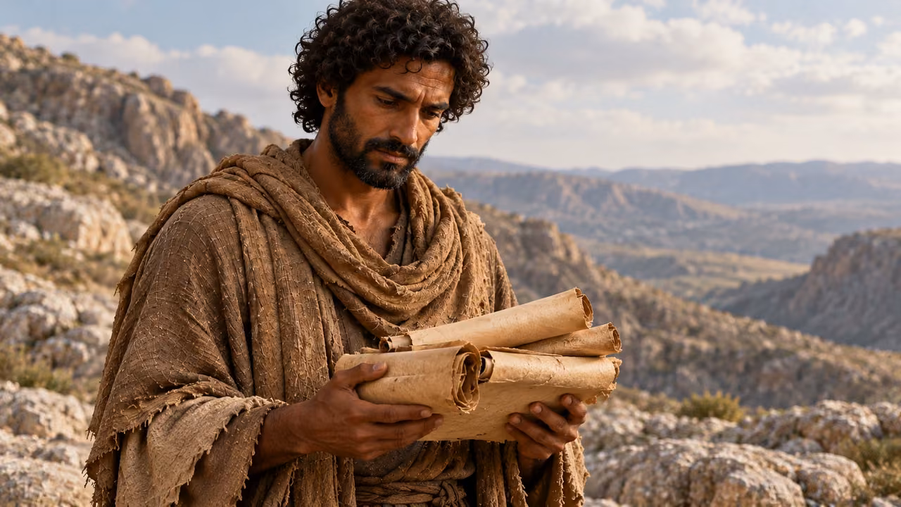 Dark-curly-haired Enoch holds several unlettered parchment rolls while looking down.