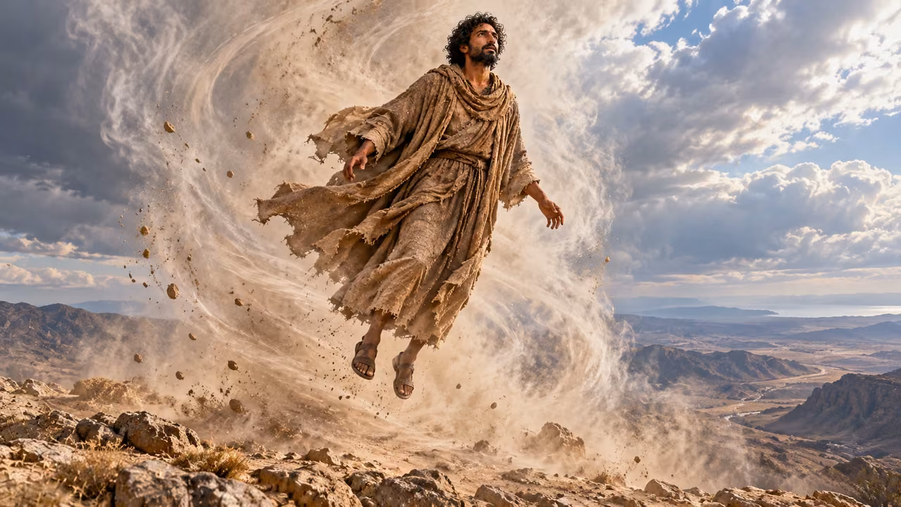 A whirlwind lifts the brown-robed Enoch above dry stone.