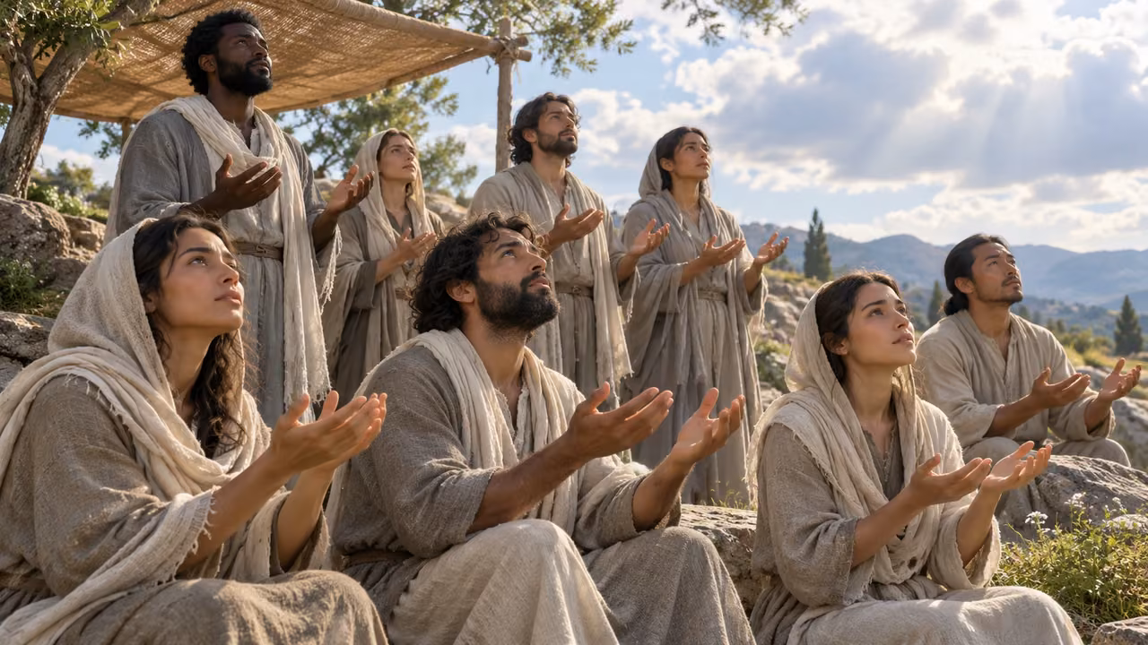 Anonymous clothed adult attendants hold their empty hands open in prayer.