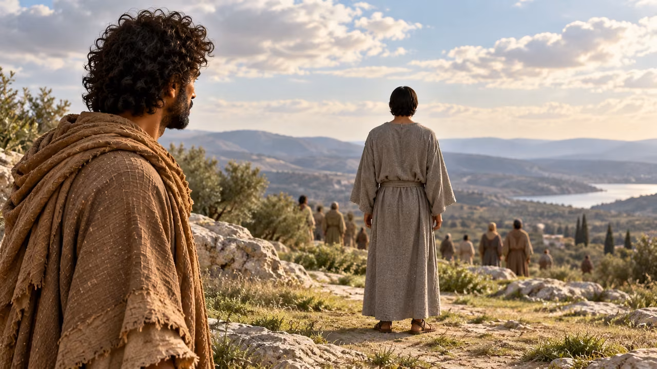 Enoch looks toward an unnamed gray-robed figure whose face is turned away.