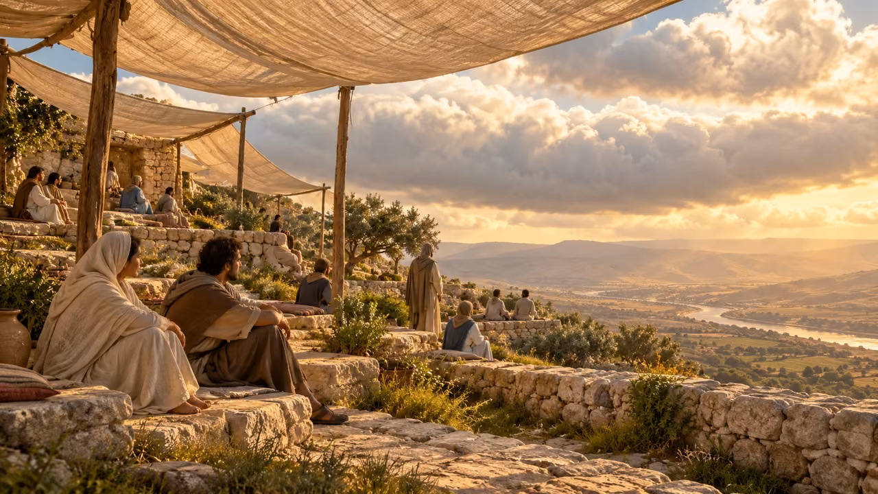Small clothed figures rest under broad linen shade canopies in warm natural light.