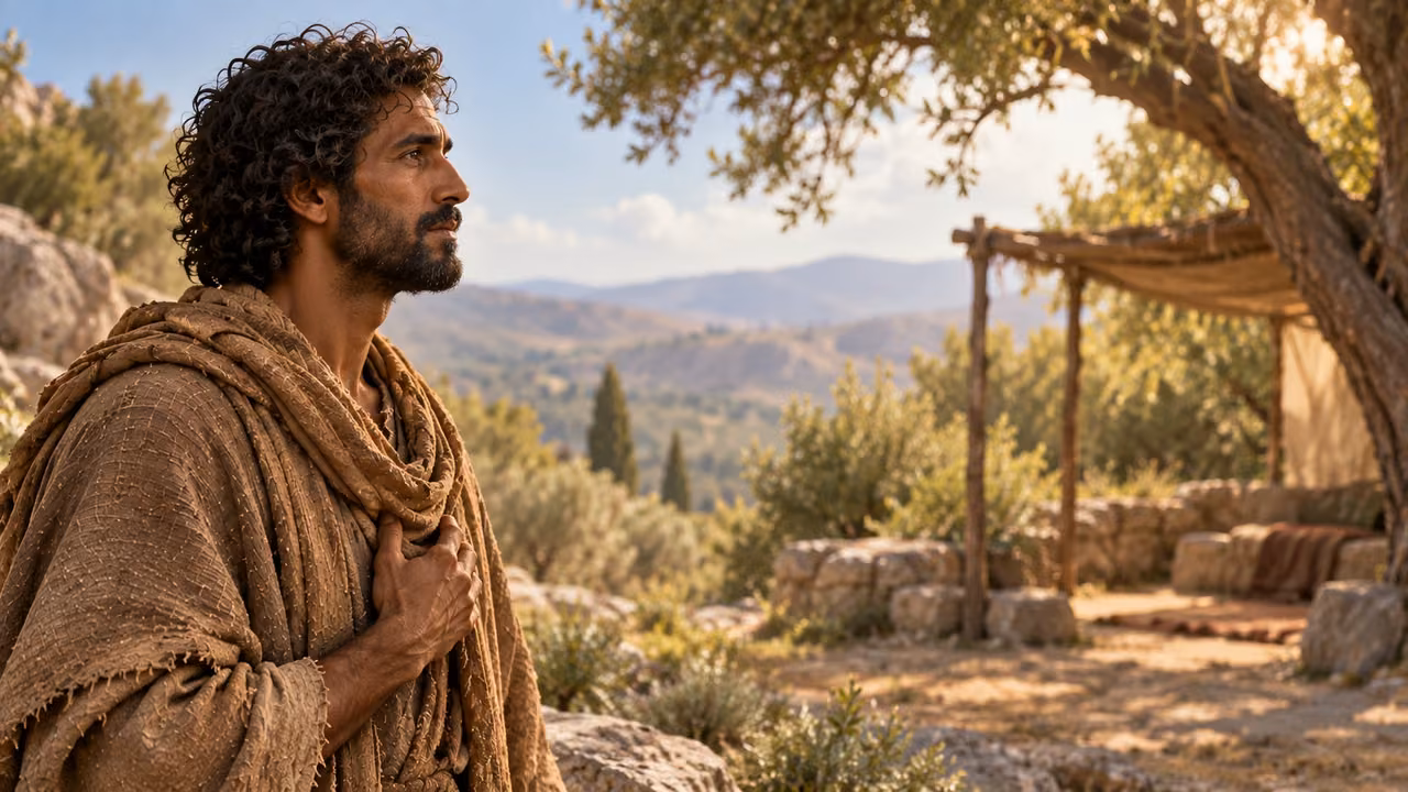 Enoch looks toward a shaded resting area with one hand near his chest.