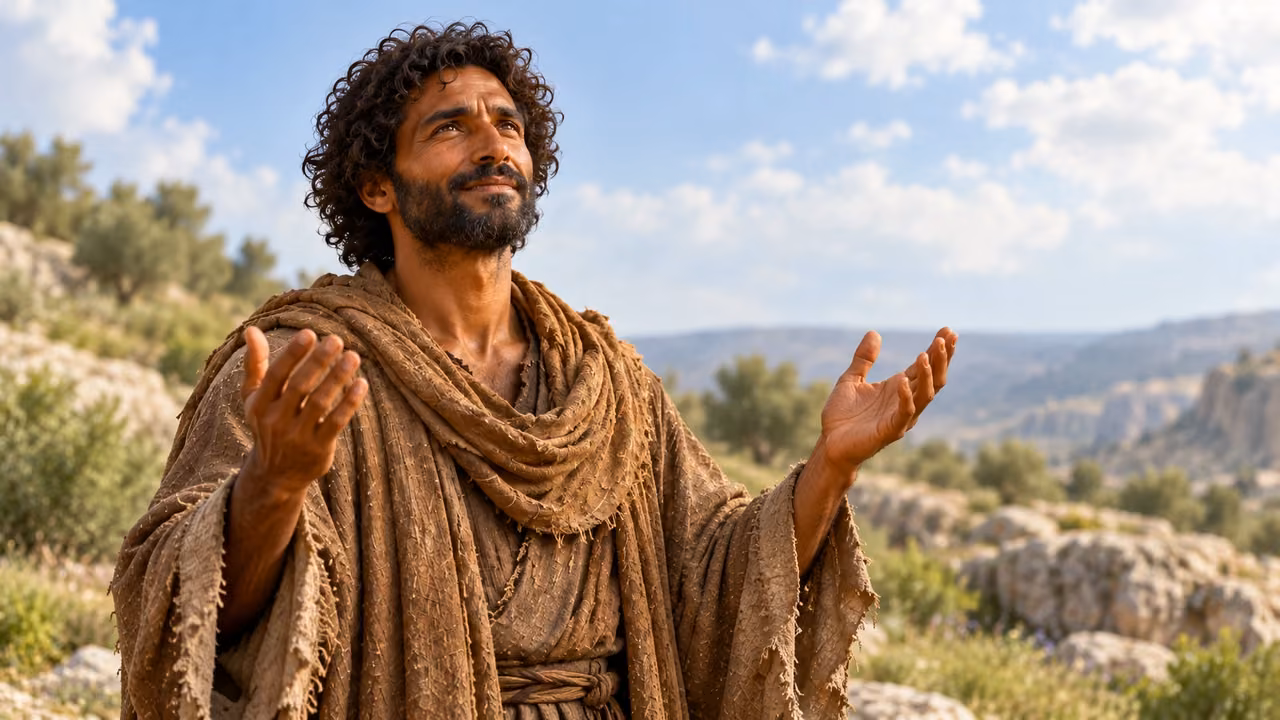 Enoch lifts both empty hands in blessing.