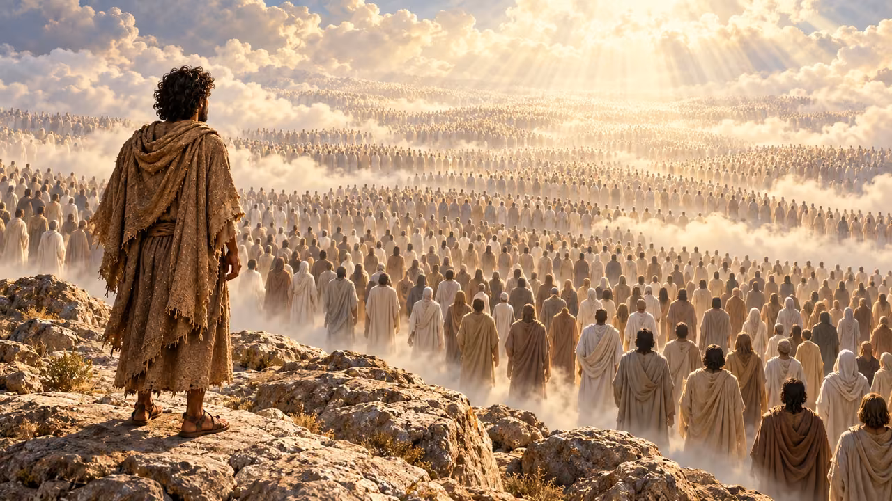 Brown-robed Enoch overlooks an immense standing assembly stretching into distant clouds.