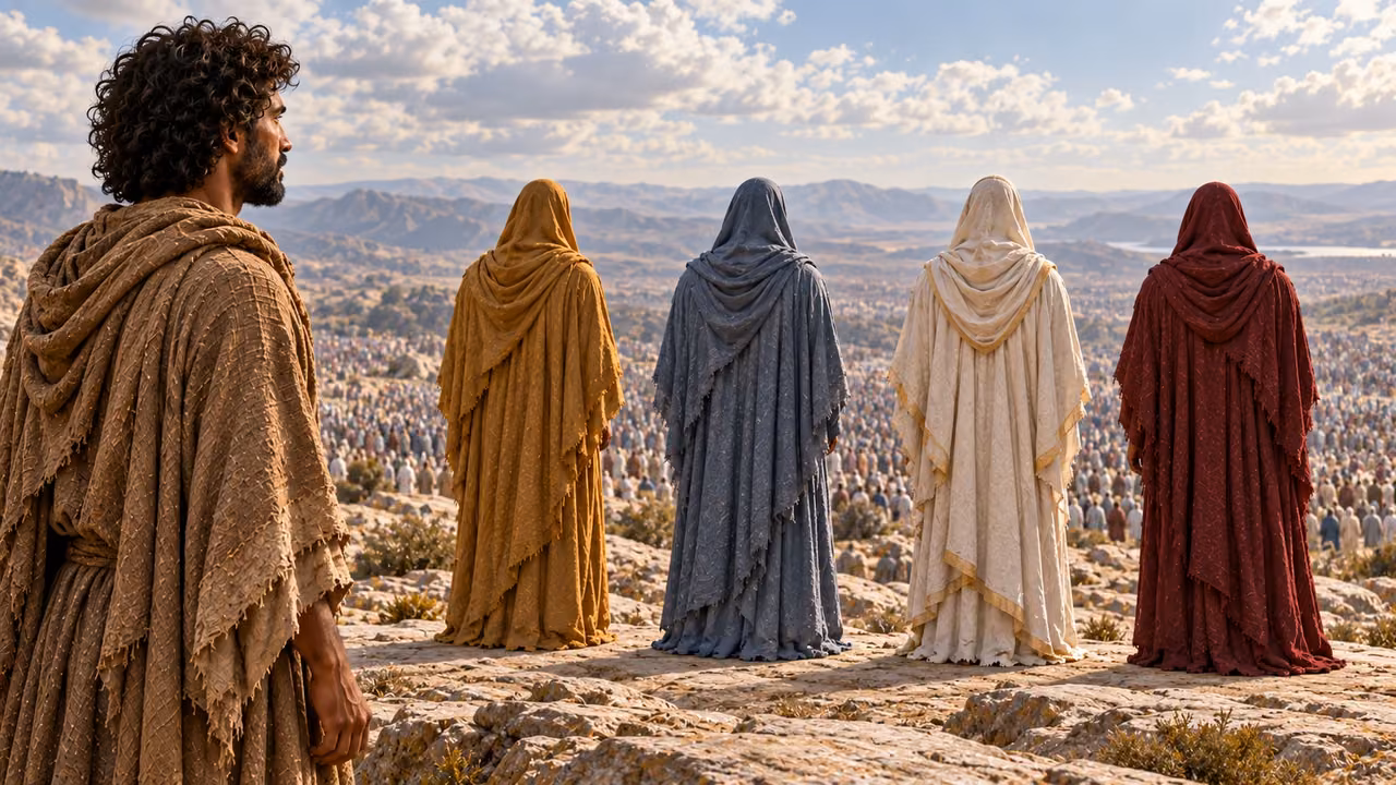 Enoch watches four hooded figures from behind, their ochre, blue-gray, cream and burgundy robes facing the vast assembly.