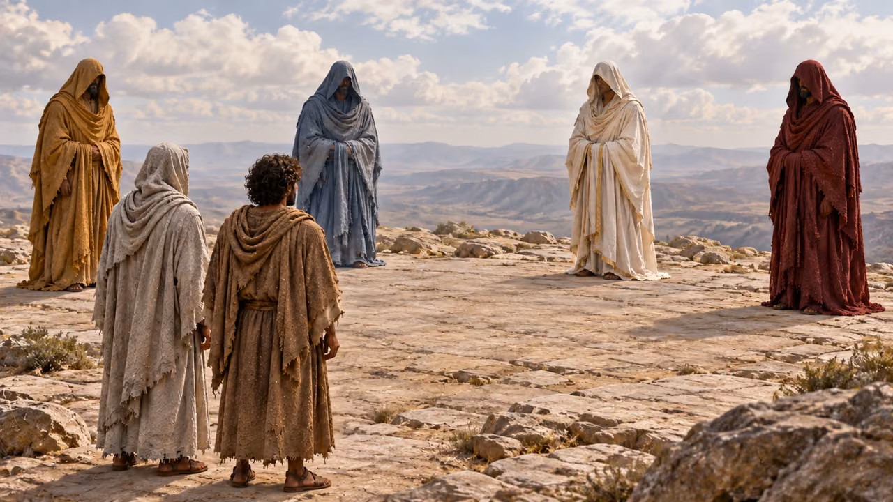 Enoch and his gray-robed guide face four widely spaced hooded figures in ochre, blue-gray, cream and burgundy.