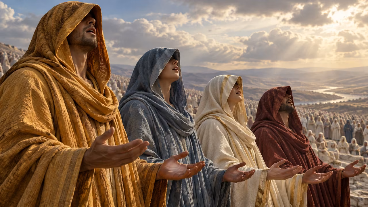 Four hooded figures lift their faces and open hands in praise before a distant assembly.