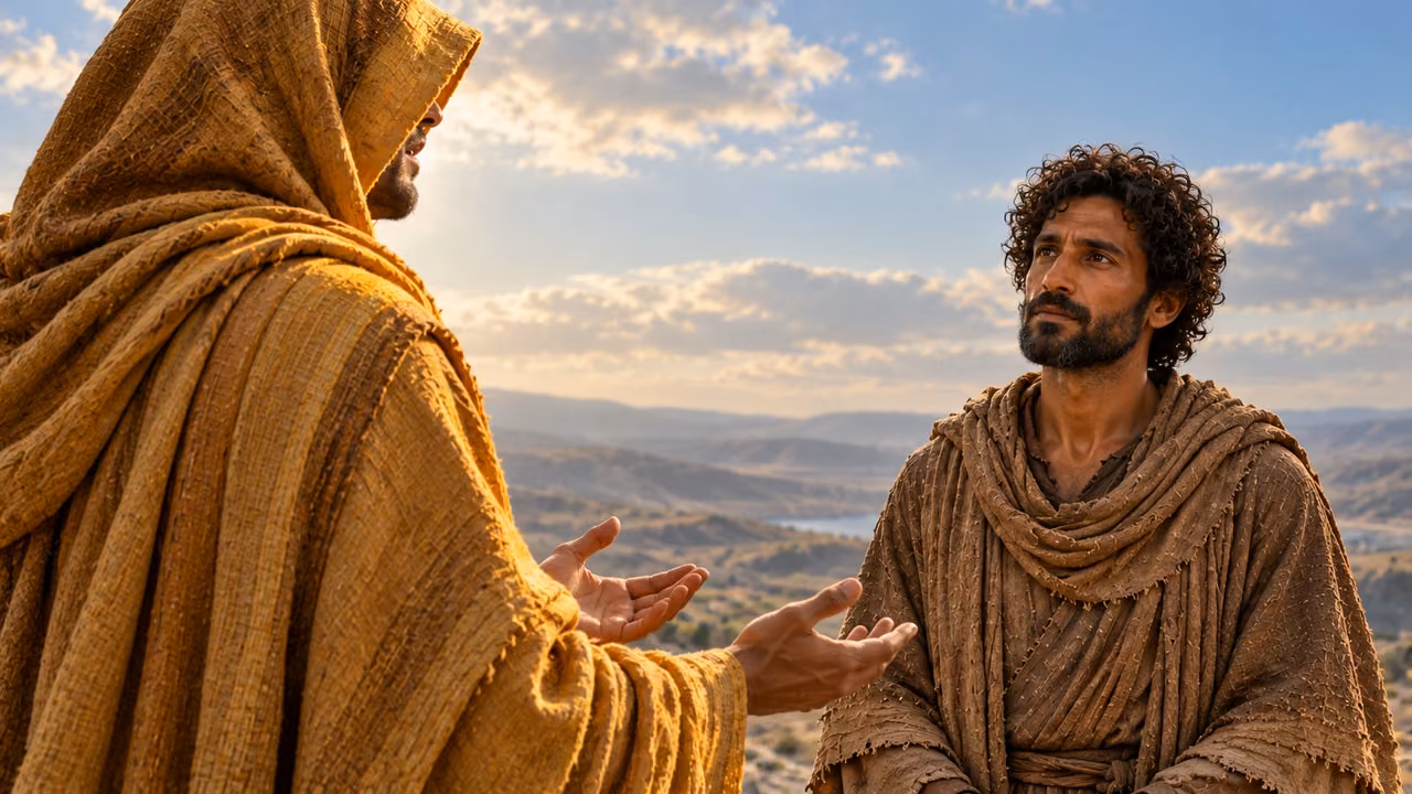Enoch listens to an ochre-robed figure whose open hands appear in the left foreground.