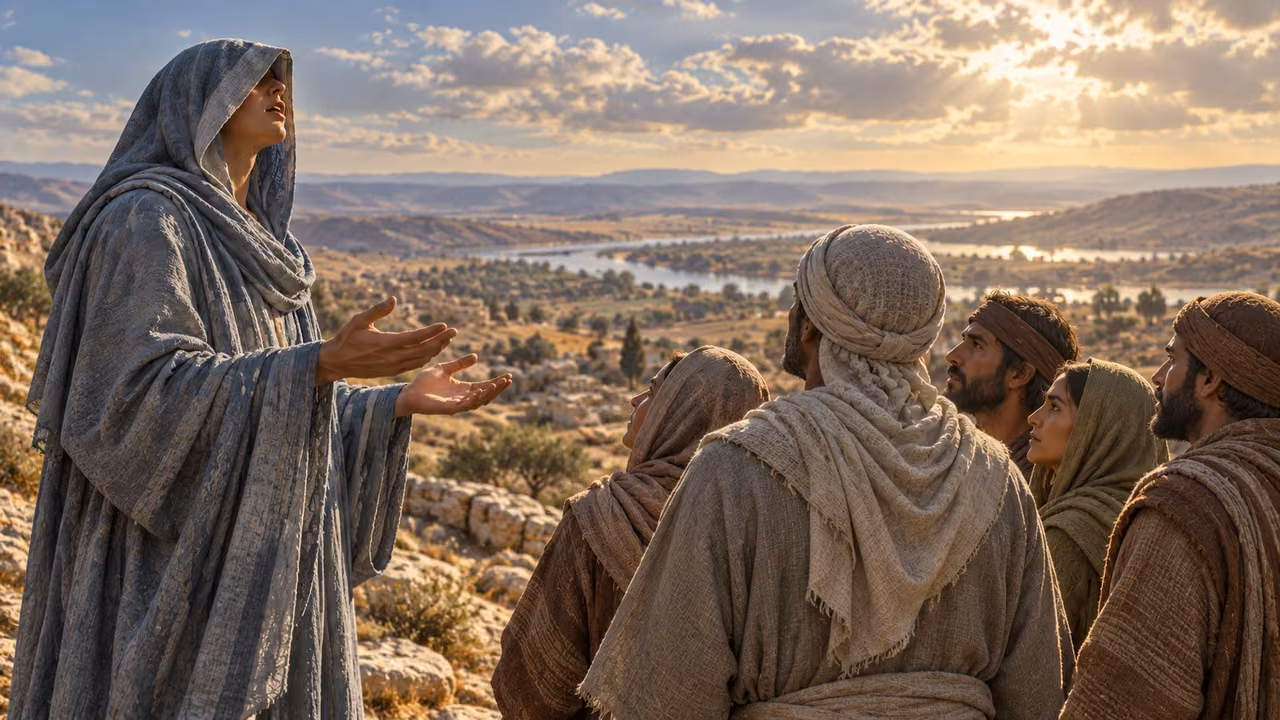 A blue-gray-robed figure blesses a closely gathered group, including a gray-robed adult seen from behind.