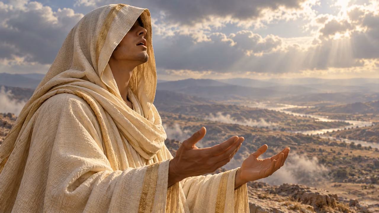 A cream-robed figure raises open hands in prayer above a distant dry landscape.