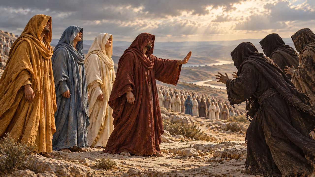A burgundy-robed figure holds out a stopping hand toward three approaching dark-robed figures.