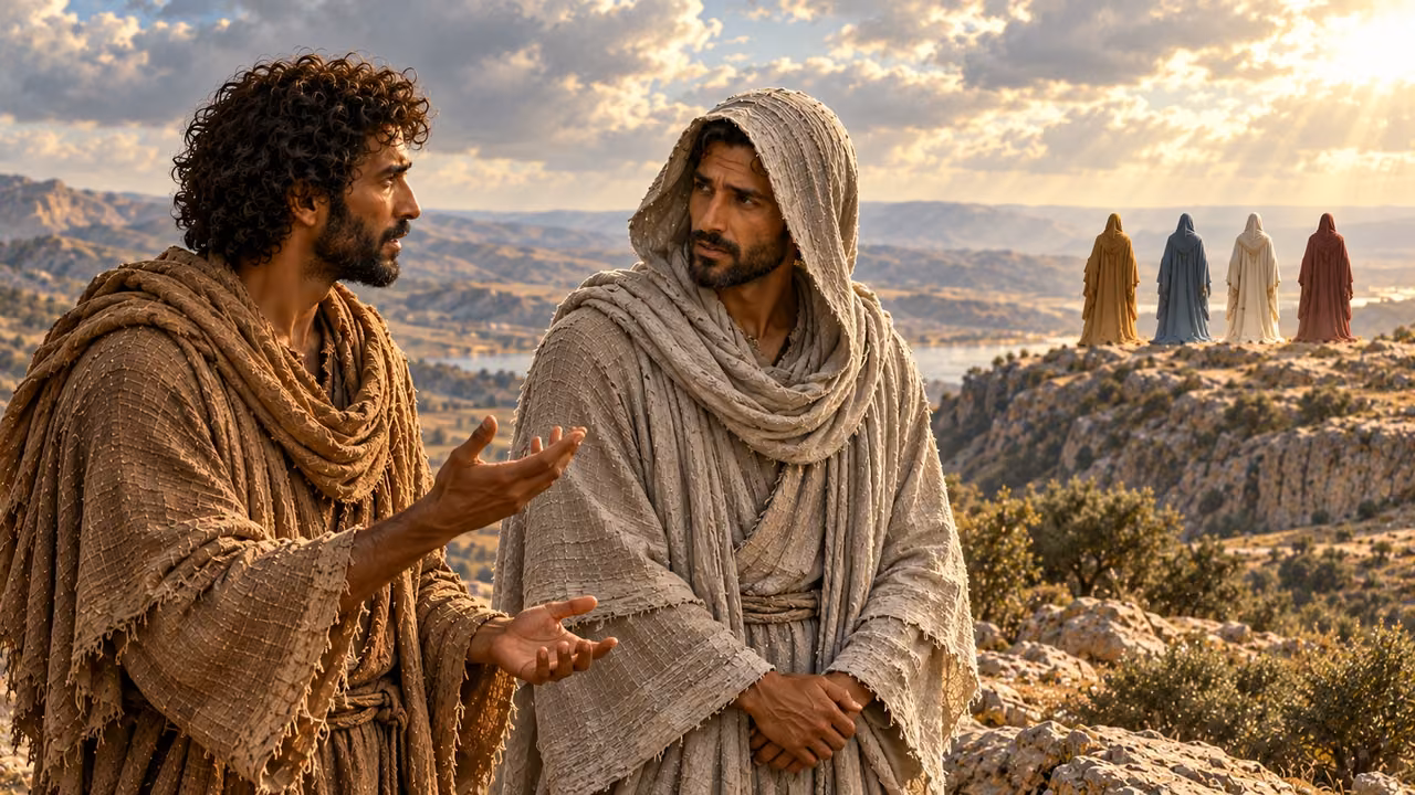 Enoch gestures with open hands toward his listening gray-robed companion.
