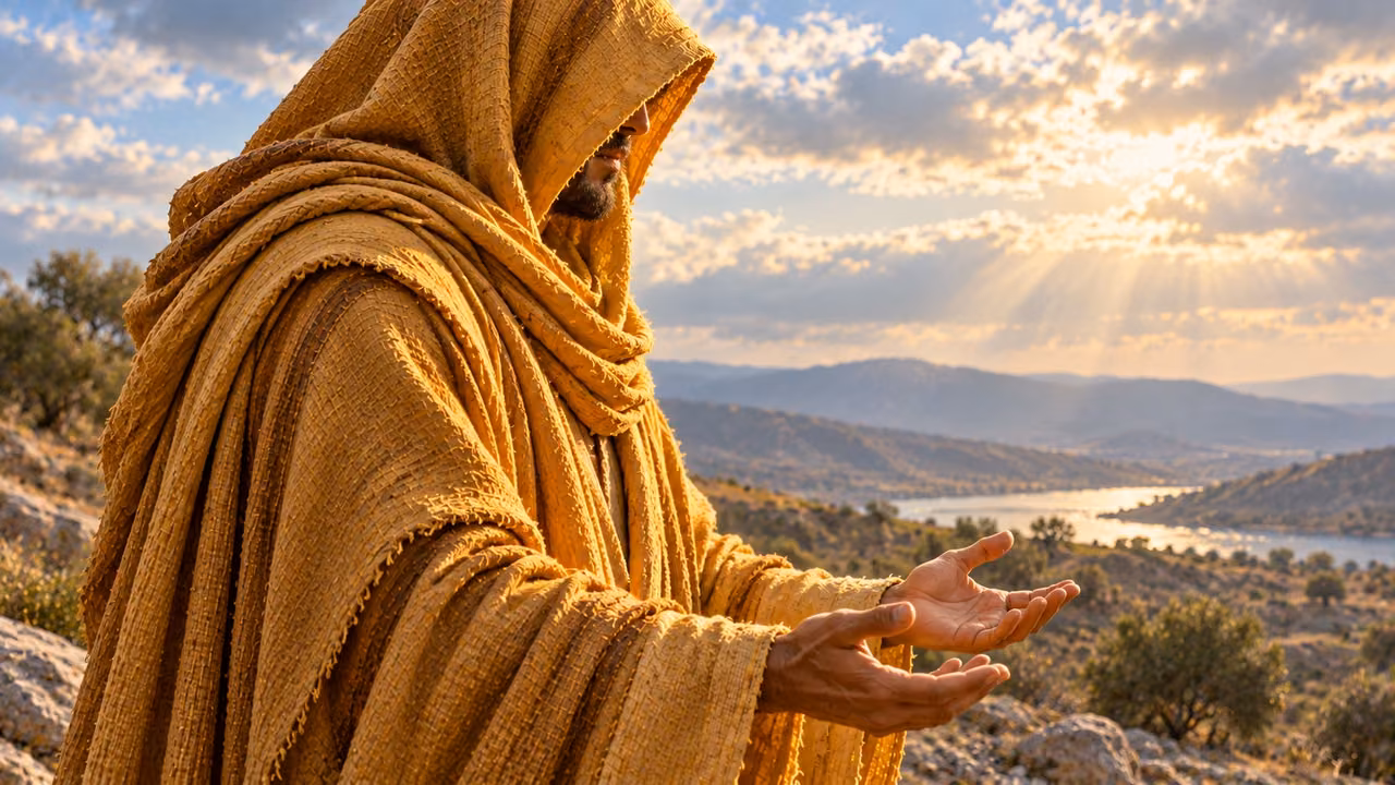 An ochre-robed figure lowers his shaded face and rests his hands open before him.