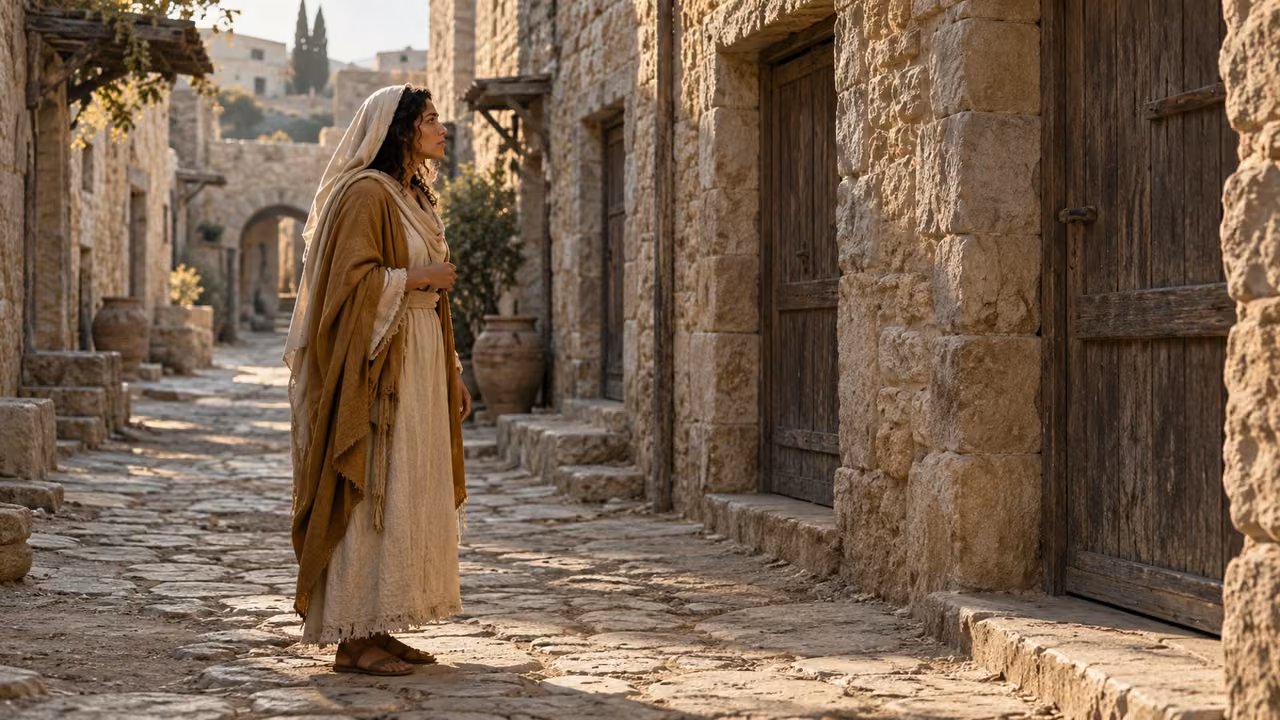 A cream-scarved ochre-cloaked feminine personification stands alone in a stone lane beside closed doors.