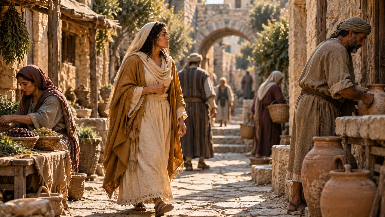 The same feminine personification walks among ordinary adults in a stone lane.