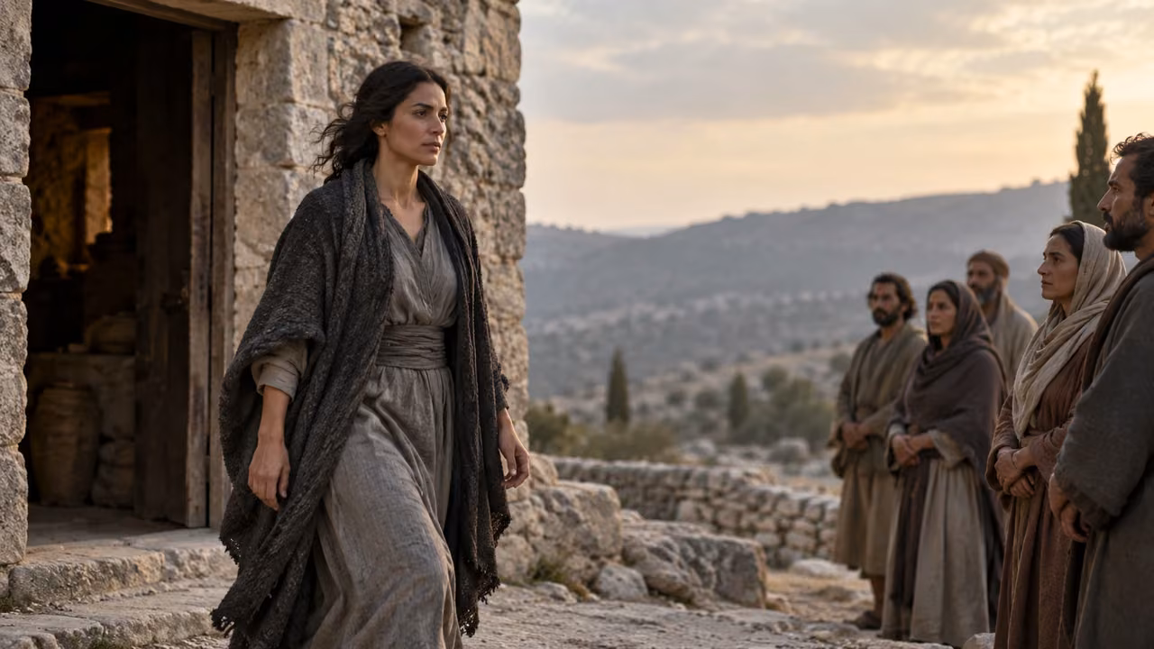 A gray-cloaked feminine personification approaches a waiting group from a stone doorway.