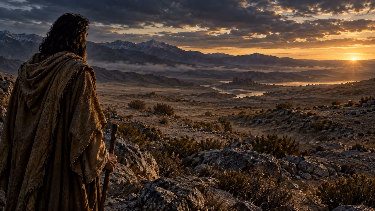 A dark-haired brown-robed observer looks over an unoccupied rocky valley at dawn.