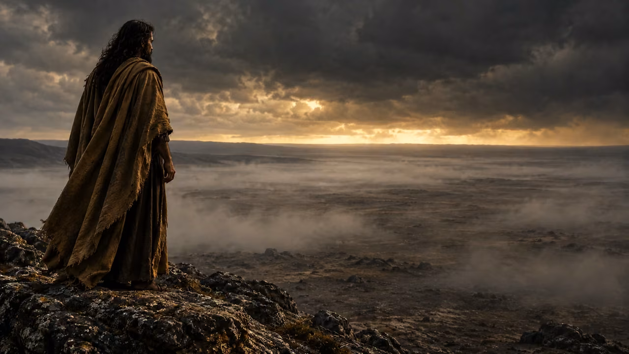 A lone brown-robed observer faces empty mist above barren ground.