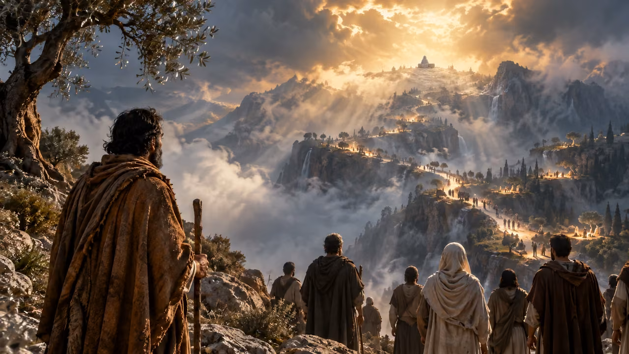 An observer and clothed onlookers face a winding mountain path and tiny veiled seated figure.