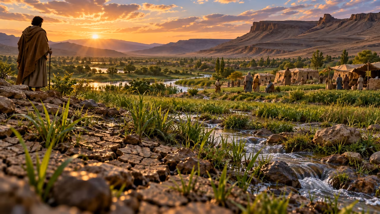 A brown-robed observer overlooks a green river valley and small anonymous community.