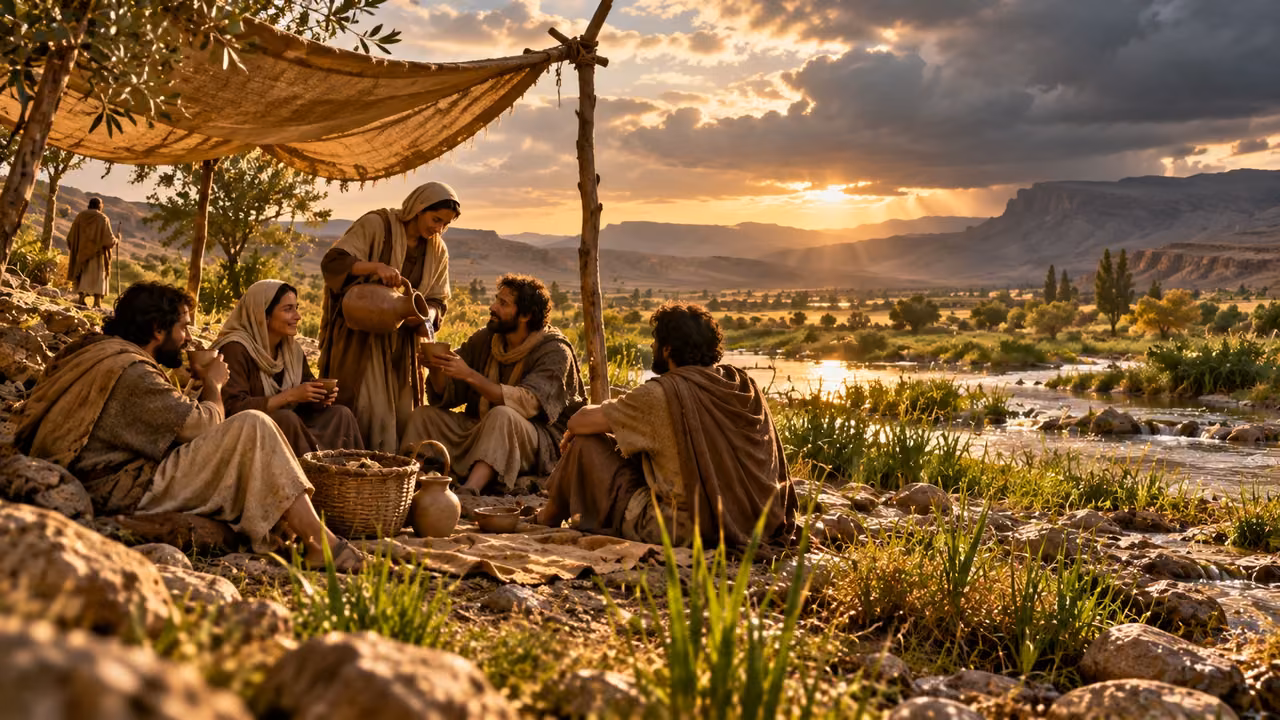 Clothed adults rest and share water beside a river beneath a simple cloth shade.