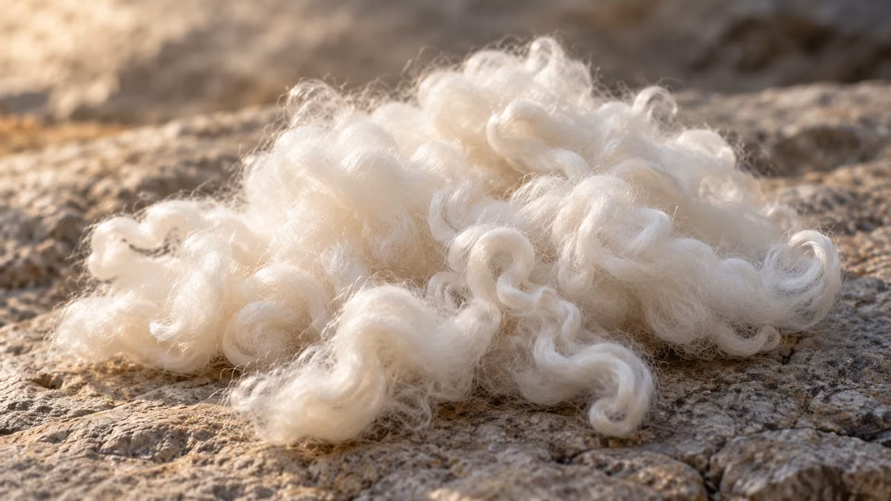 Loose white wool fibers rest on rough neutral stone in soft daylight.