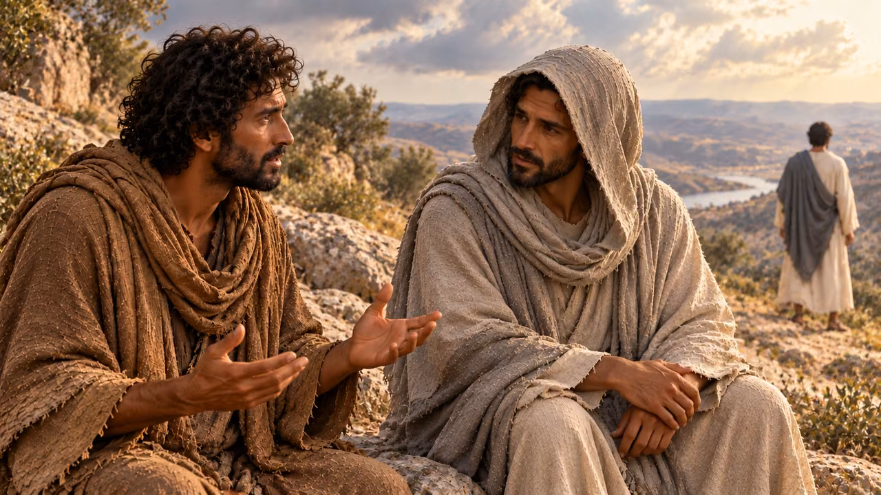 Enoch asks his bearded gray-hooded companion a question while a cream-robed figure stands far behind.