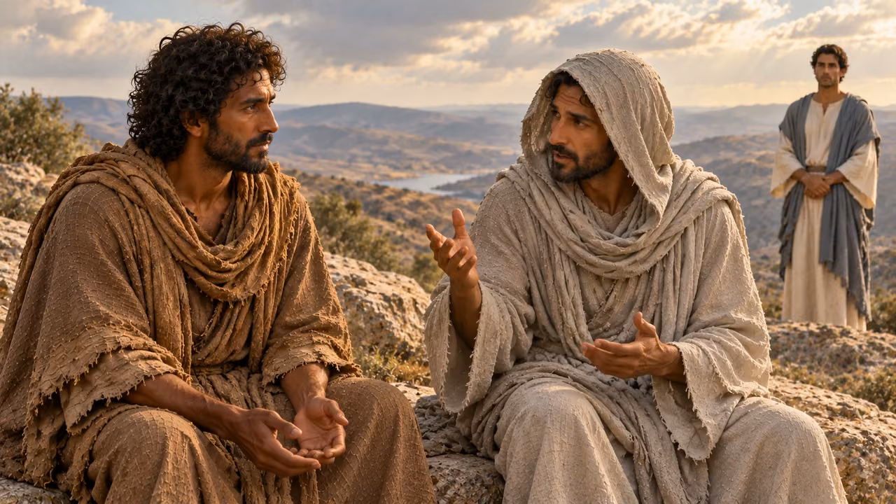 The gray-hooded companion speaks while Enoch listens and a cream-robed figure stands in the background.