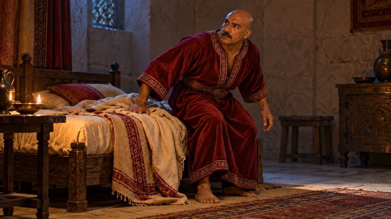 A bald moustached ruler in a crimson robe rises from a low wooden bed.
