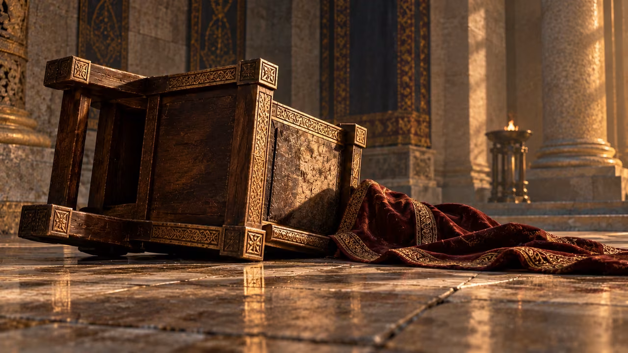 An empty wooden royal seat lies on its side beside a fallen crimson cloth.