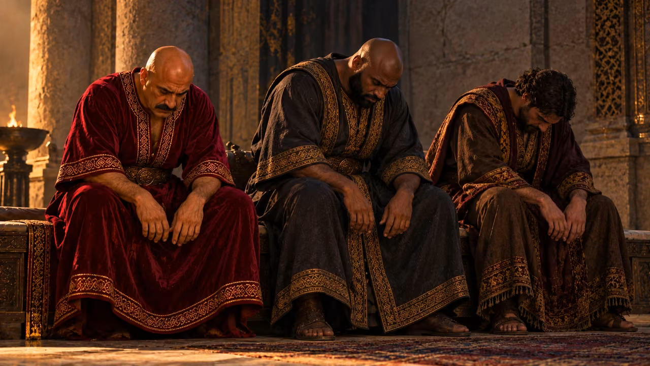 Three richly robed adults sit with their faces lowered and shoulders slumped.
