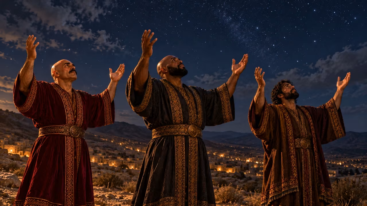 Three richly robed adults raise open hands beneath a star-filled night sky.
